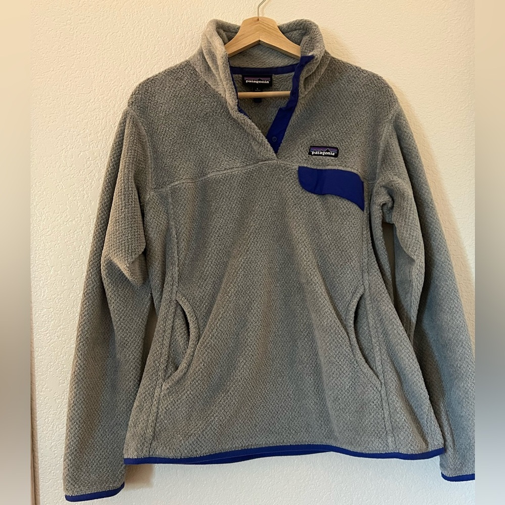 Patagonia Re-Tool Snap-T Polartec Pullover Gray with Blue Ladies Large Outdoors - Picture 2 of 12
